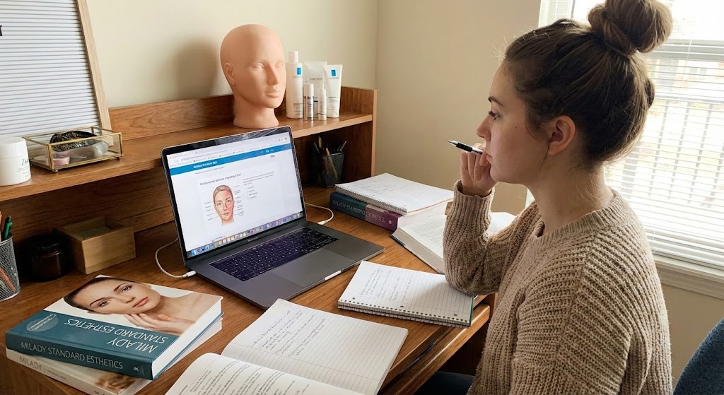 Esthetician student studying for the state board exam with practice test on laptop